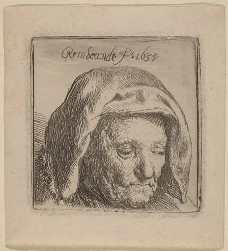 The Artist's Mother in a Cloth Headdress, Looking Down, by Rembrandt