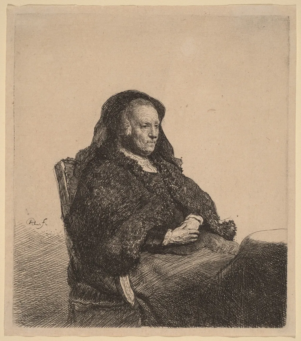 The Artist's Mother Seated at a Table, Looking Right, by Rembrandt, ink, 1631