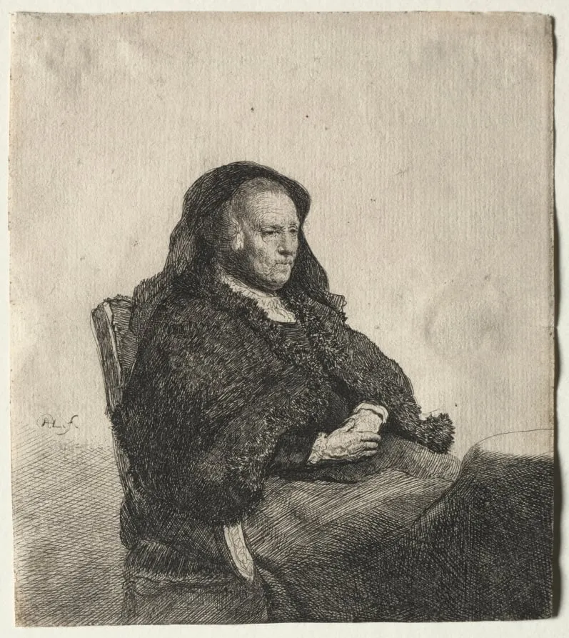 The Artist's Mother Seated at a Table, Looking Right: Three Quarter Length, by Rembrandt, 1631