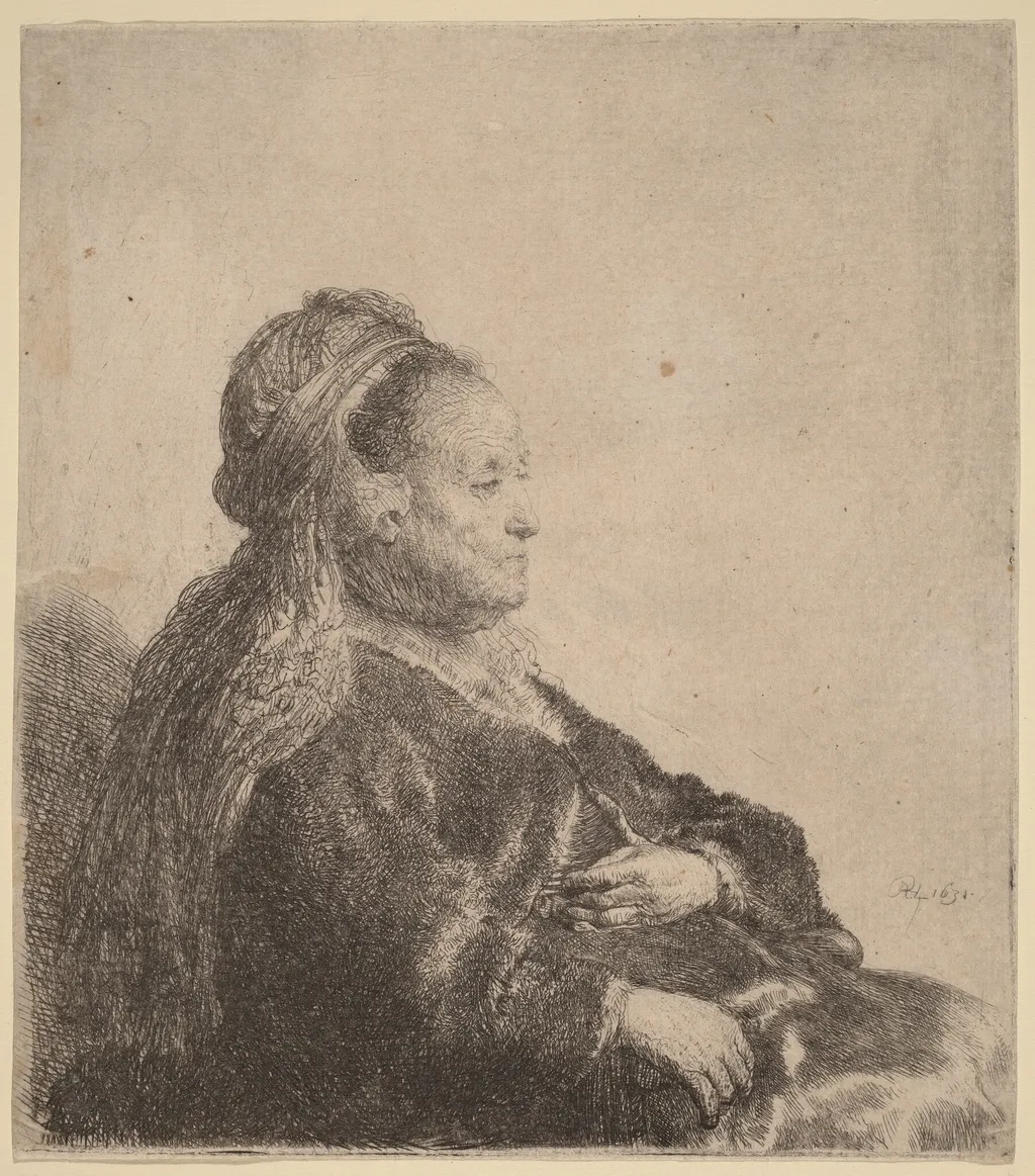The Artist's Mother Seated, in an Oriental Headdress, by Rembrandt, ink, 1631