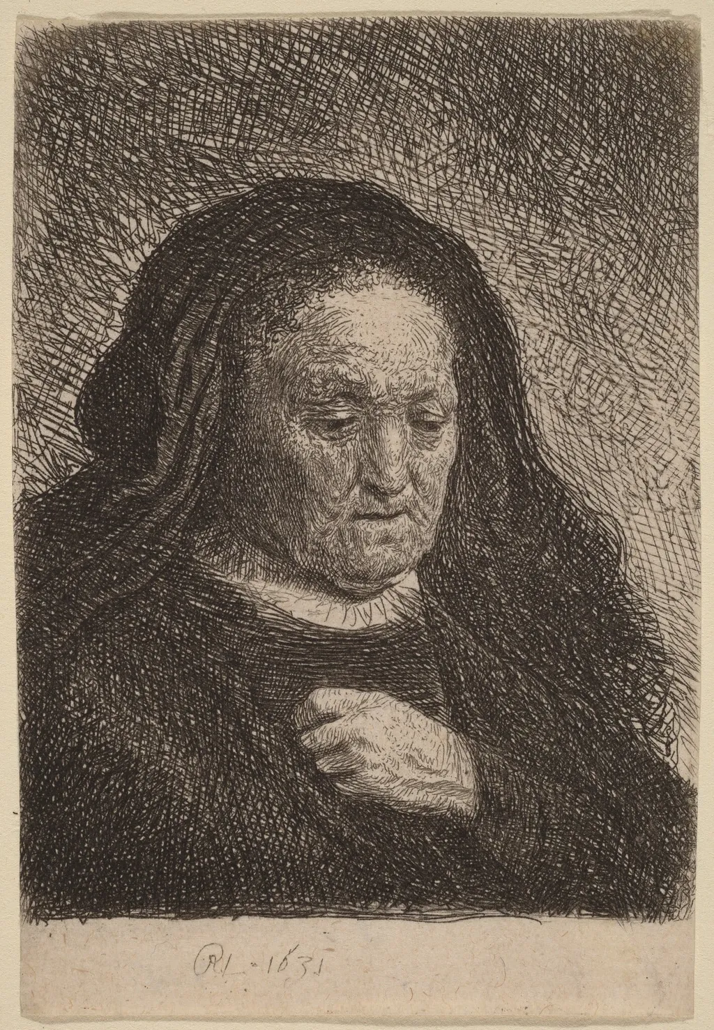 The Artist's Mother with Her Hand on Her Chest, by Rembrandt, ink, 1631