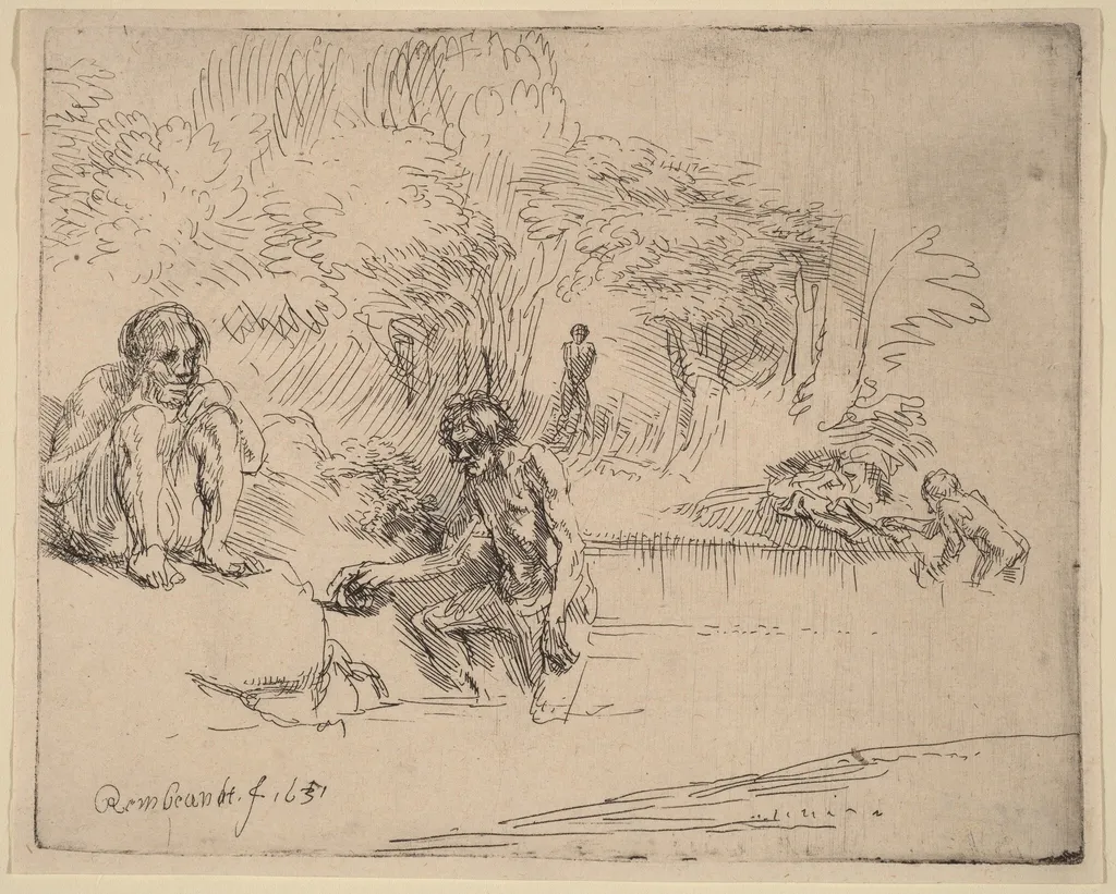 The Bathers, by Rembrandt, ink, 1651