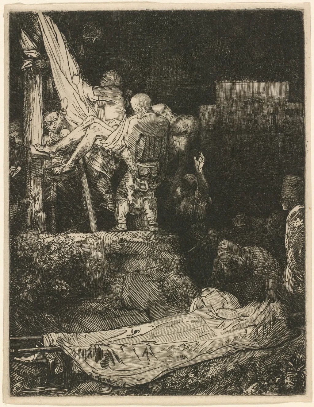 The Descent from the Cross by Torchlight, by Rembrandt, ink, 1654