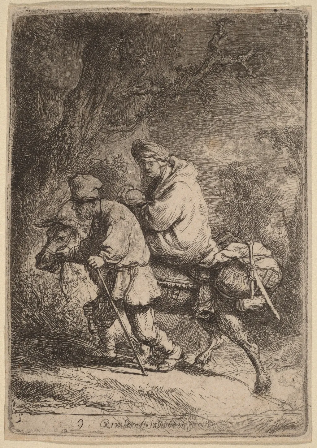 The Flight into Egypt: Small, by Rembrandt, ink, 1633