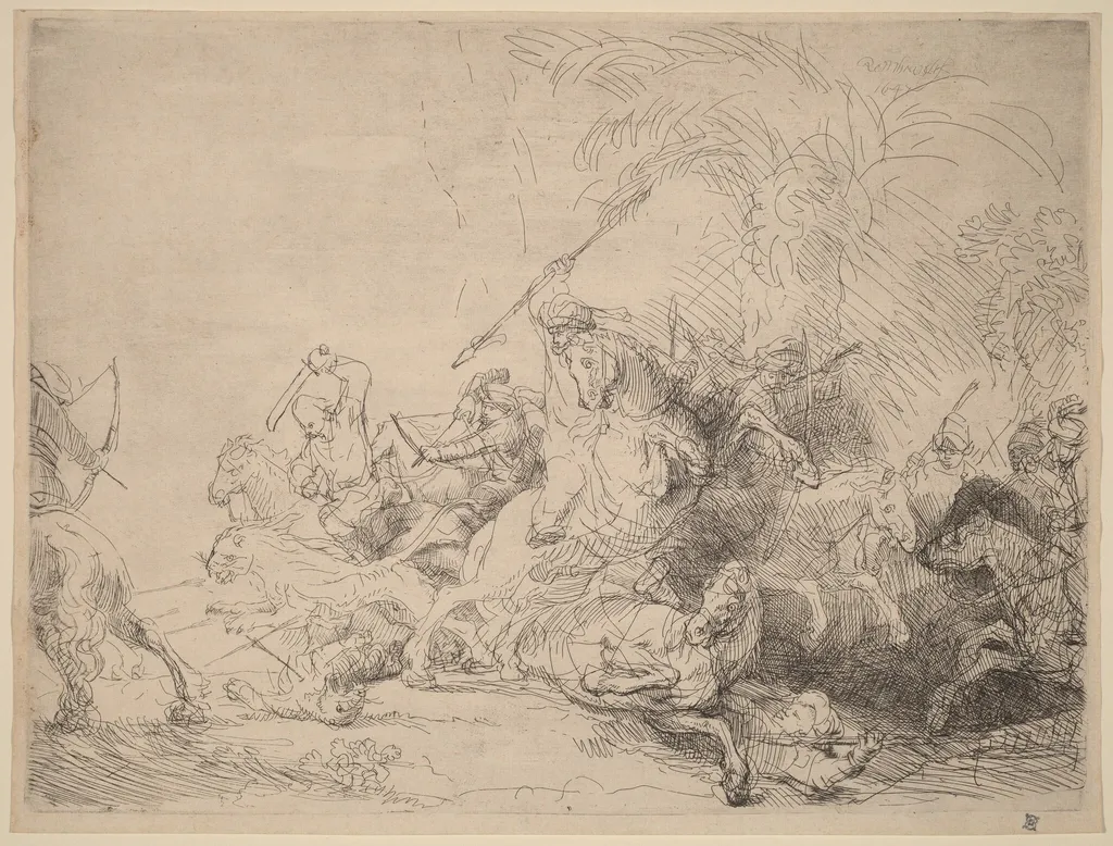 The Large Lion Hunt, by Rembrandt, ink, 1641