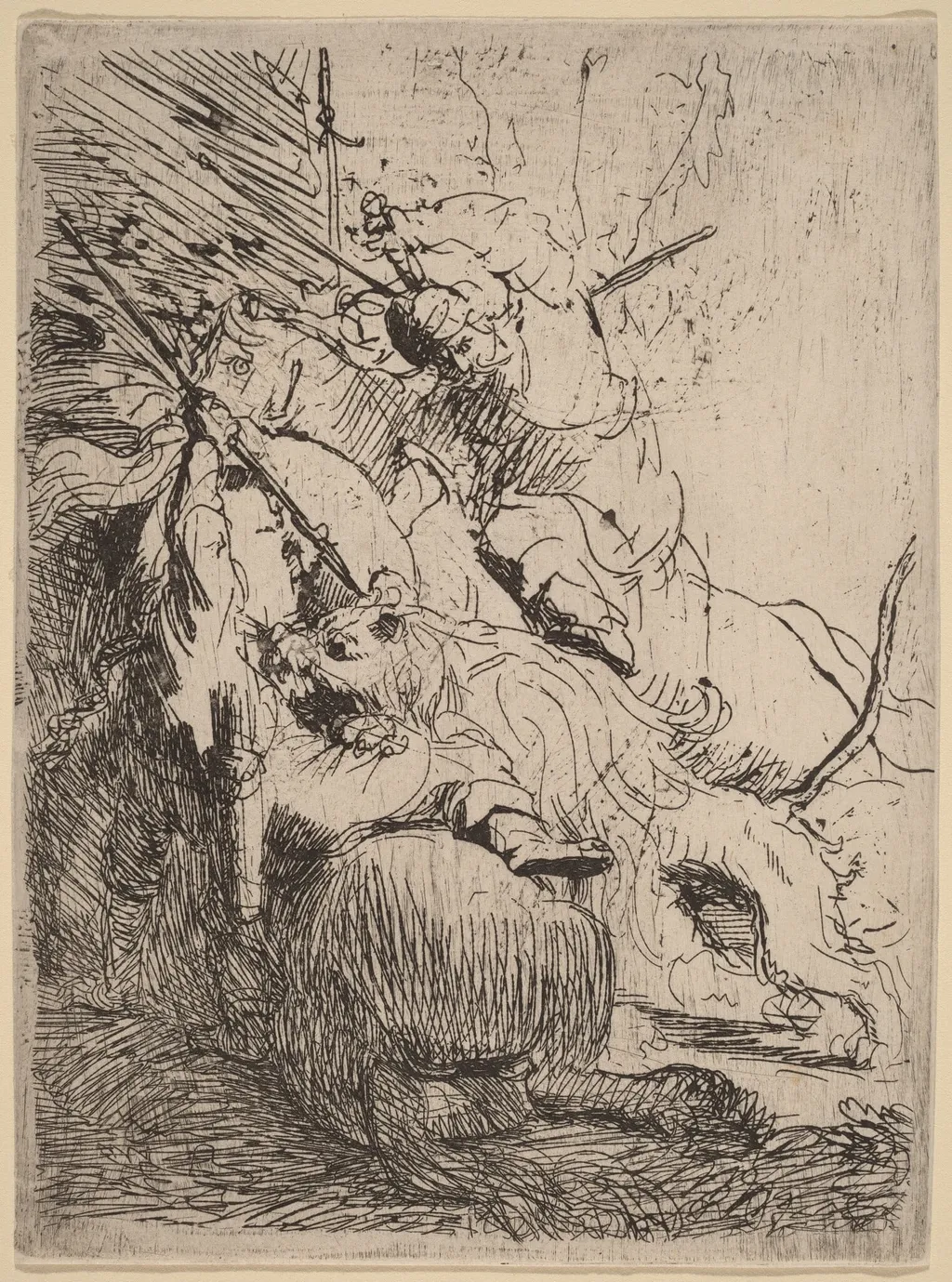 The Small Lion Hunt (with One Lion), by Rembrandt, ink, 1629