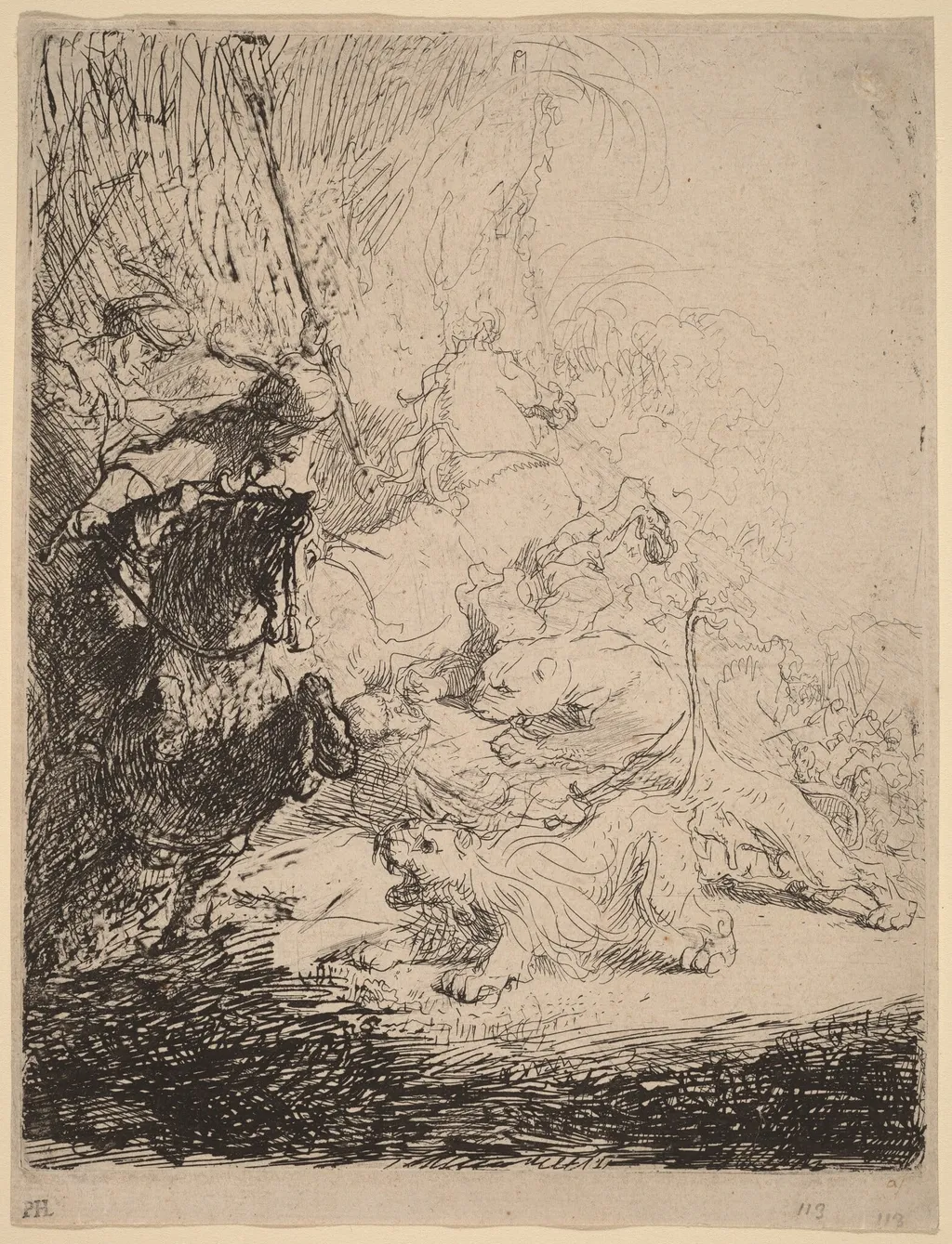 The Small Lion Hunt (with Two Lions), by Rembrandt, ink, 1632