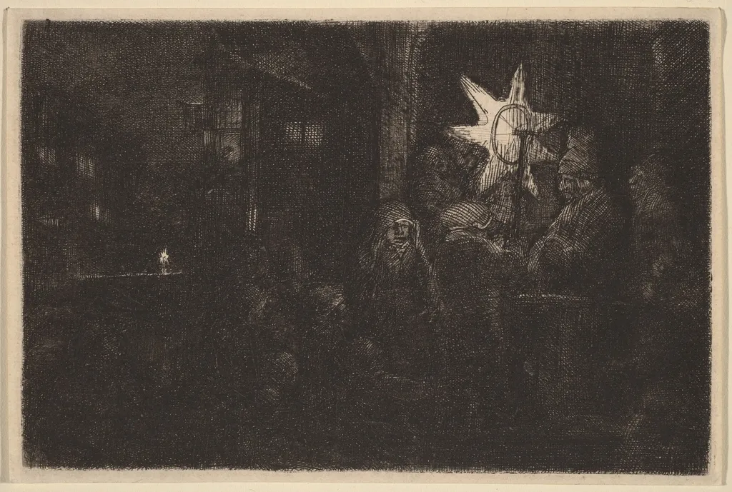 The Star of the Kings: A Night Piece, by Rembrandt, ink, 1651