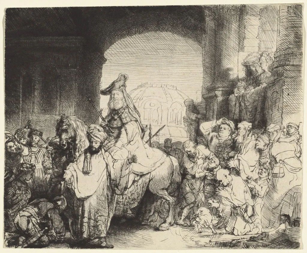 The Triumph of Mordecai, by Rembrandt, ink, 1641