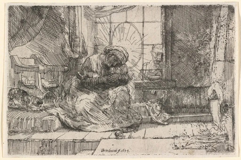 The Virgin and Child with the Cat and Snake, by Rembrandt, ink, 1654