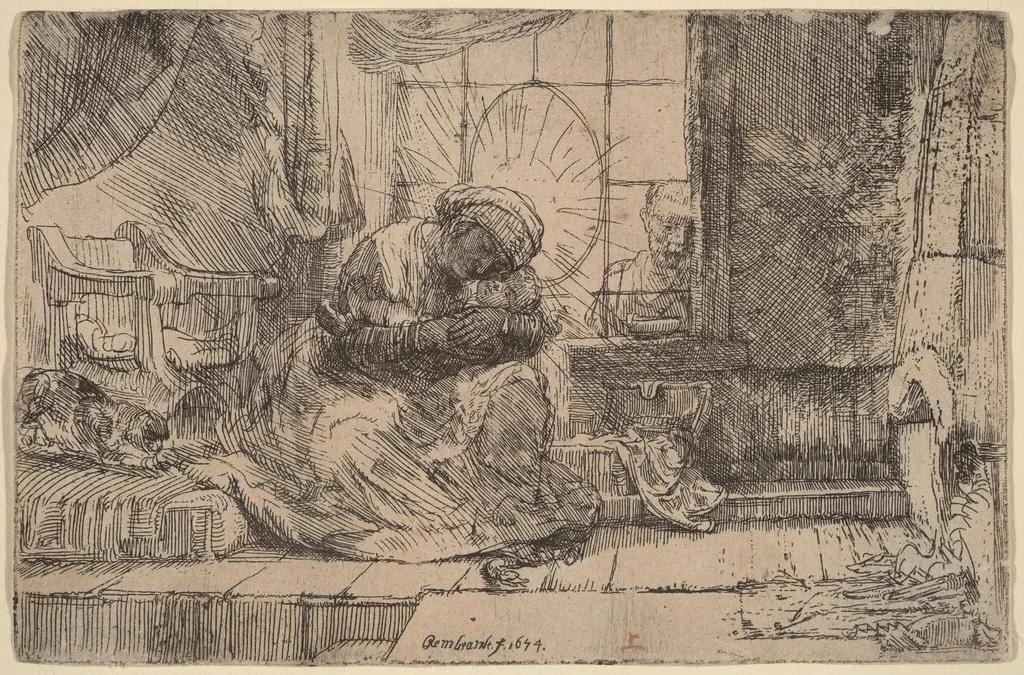 The Virgin and Child with the Cat and Snake, by Rembrandt, ink, 1654