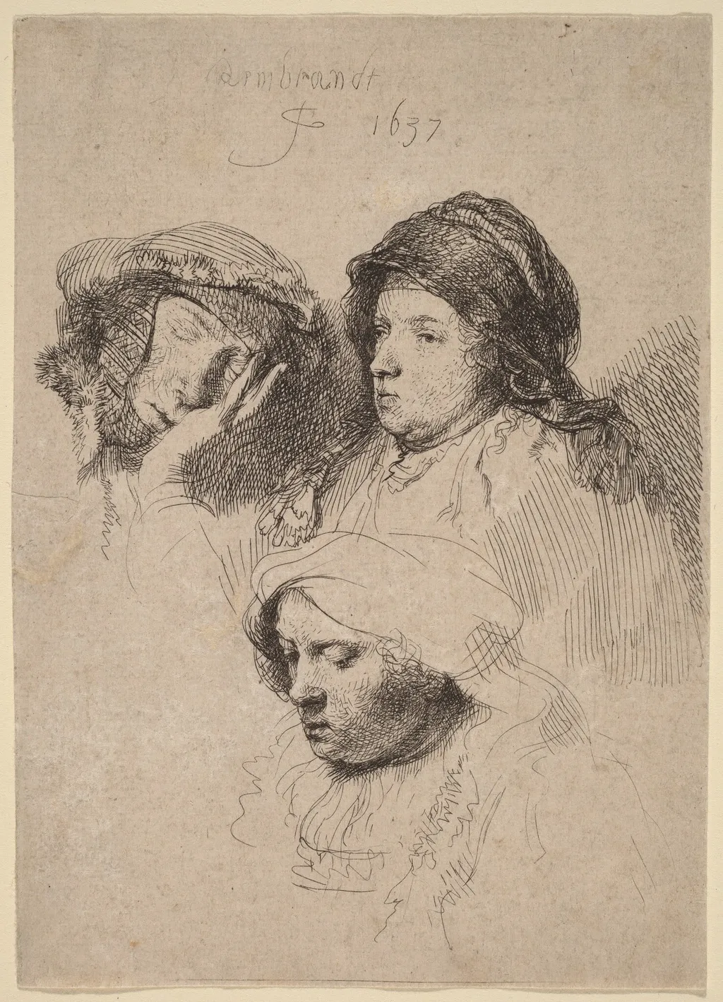 Three Heads of Women, One Asleep, by Rembrandt, ink, 1637