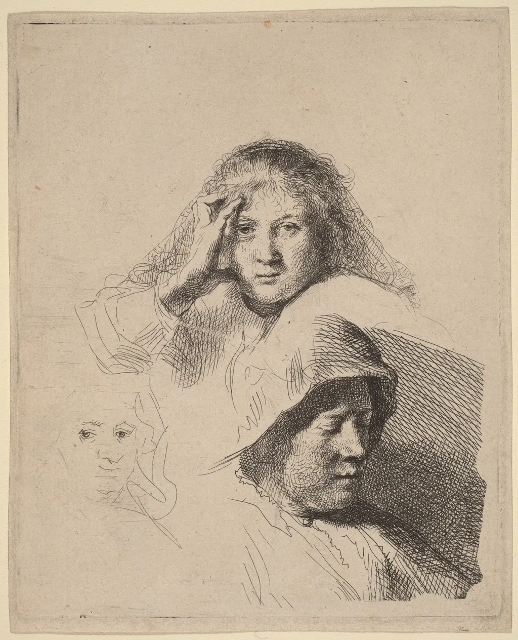 Three Heads of Women, One Lightly Etched, by Rembrandt, ink, 1637