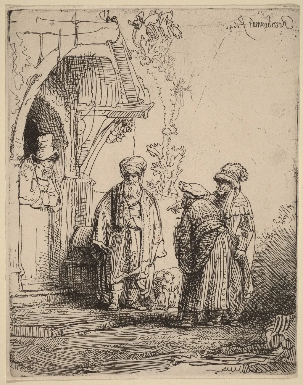 Three Oriental Figures (Jacob and Laban?), by Rembrandt, ink, 1641