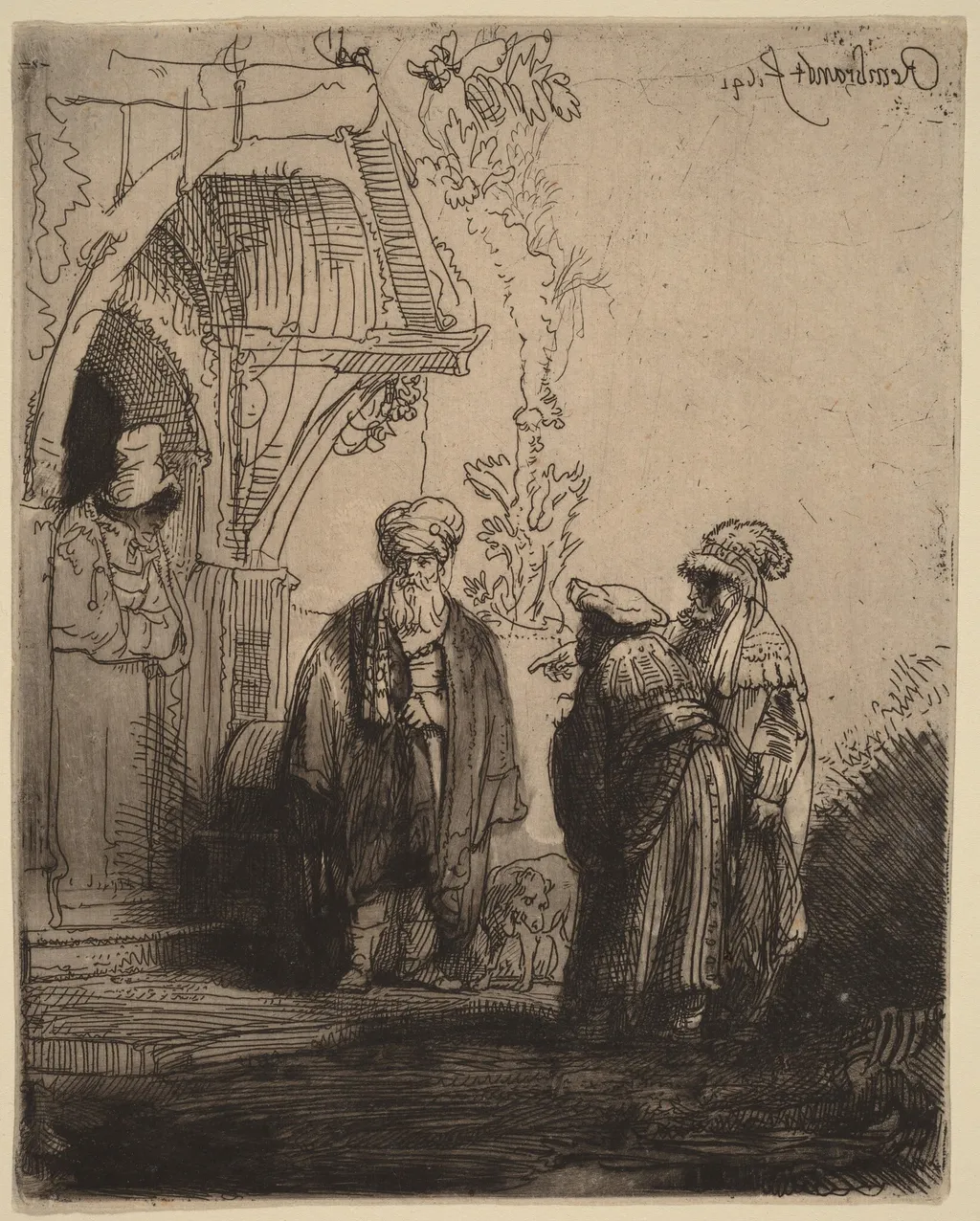 Three Oriental Figures (Jacob and Laban?), by Rembrandt, ink, 1641