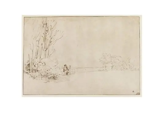 View Looking South Along the Amsteldijk, with a Man Sitting on a Sluice Gate Near a Farmstead, by Rembrandt