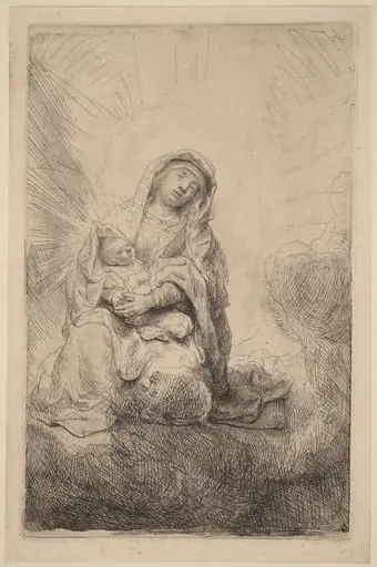 Virgin and Child in the Clouds, by Rembrandt