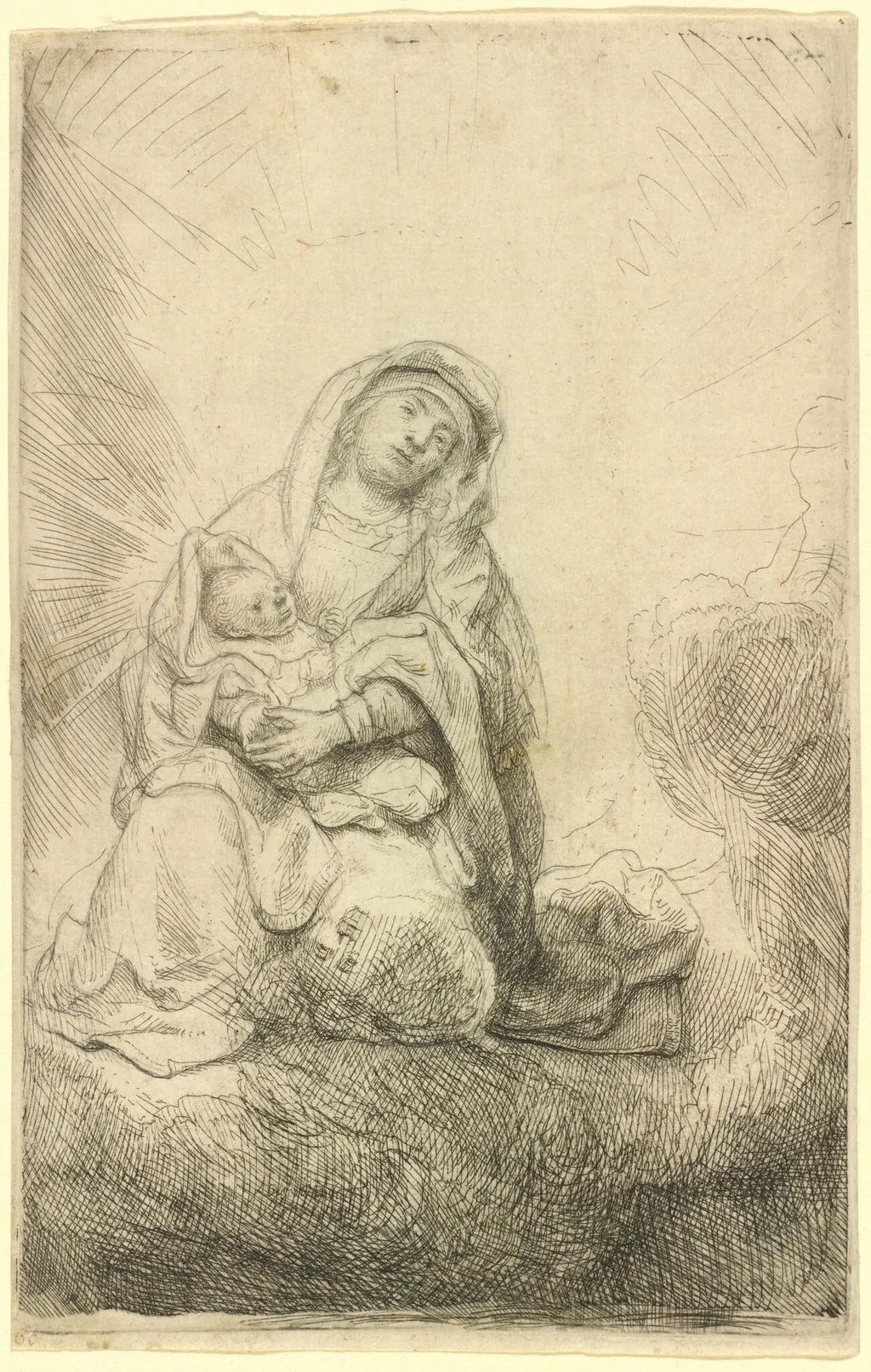 Virgin and Child in the Clouds, by Rembrandt, ink, 1641