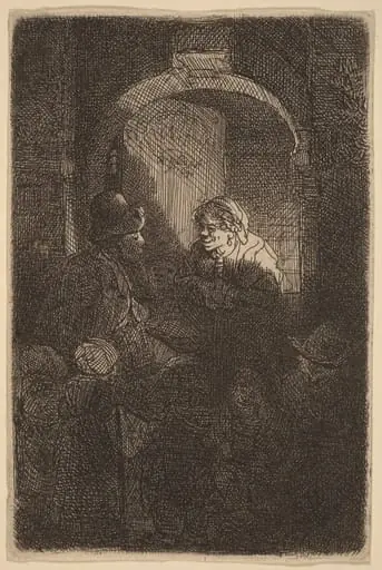 Woman at a Door Hatch Talking to a Man and Children (The Schoolmaster), by Rembrandt