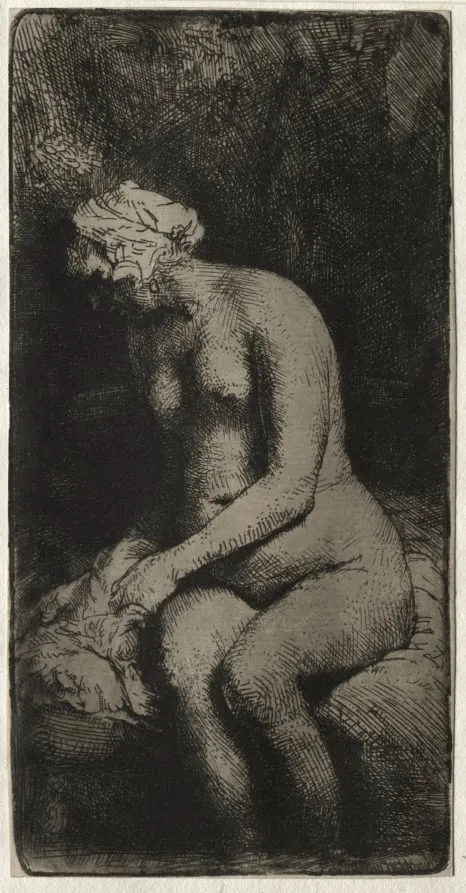 Woman Bathing Her Feet in a Brook, by Rembrandt, 1658