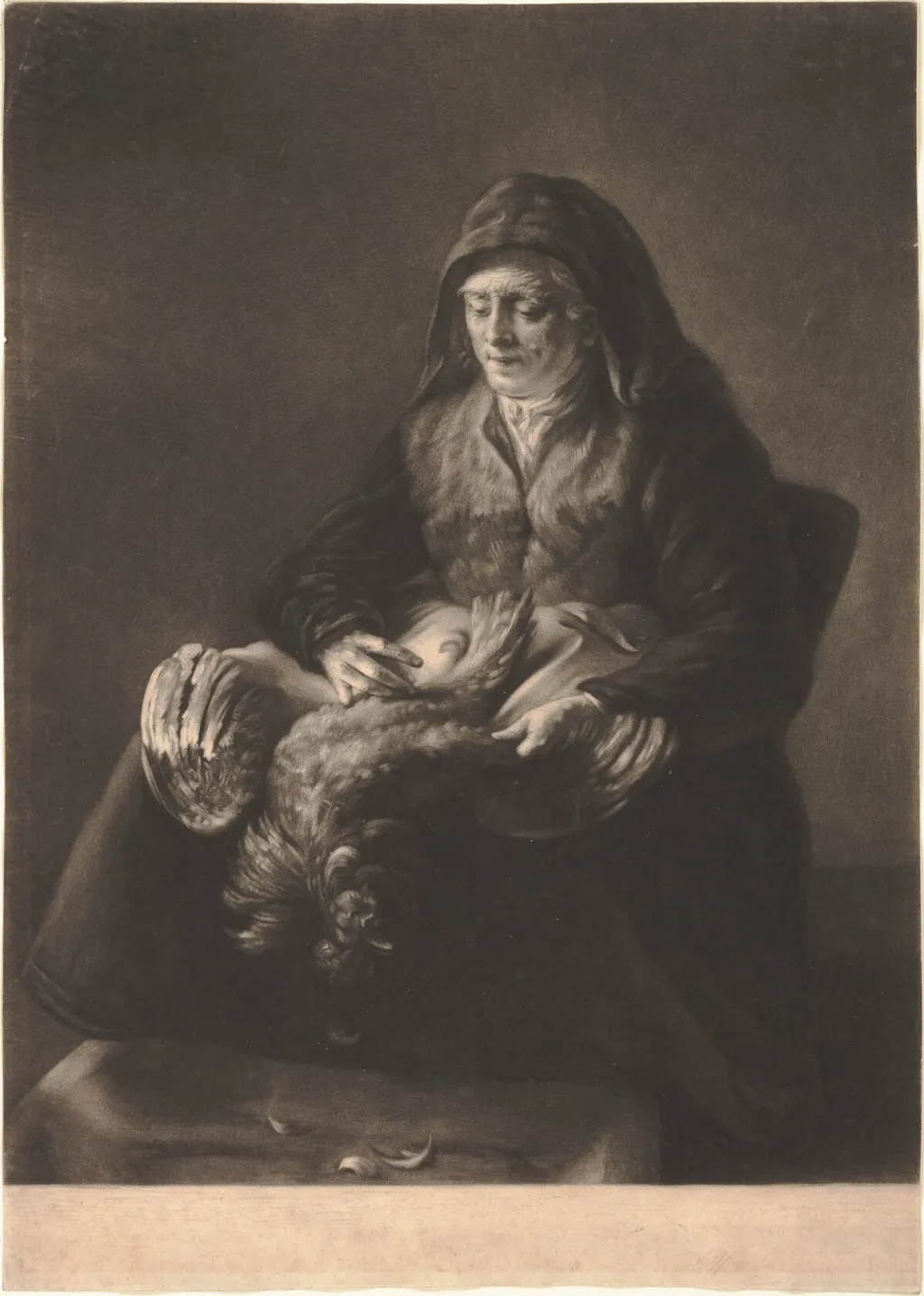 Woman plucking a fowl, by Rembrandt, oil, 1650