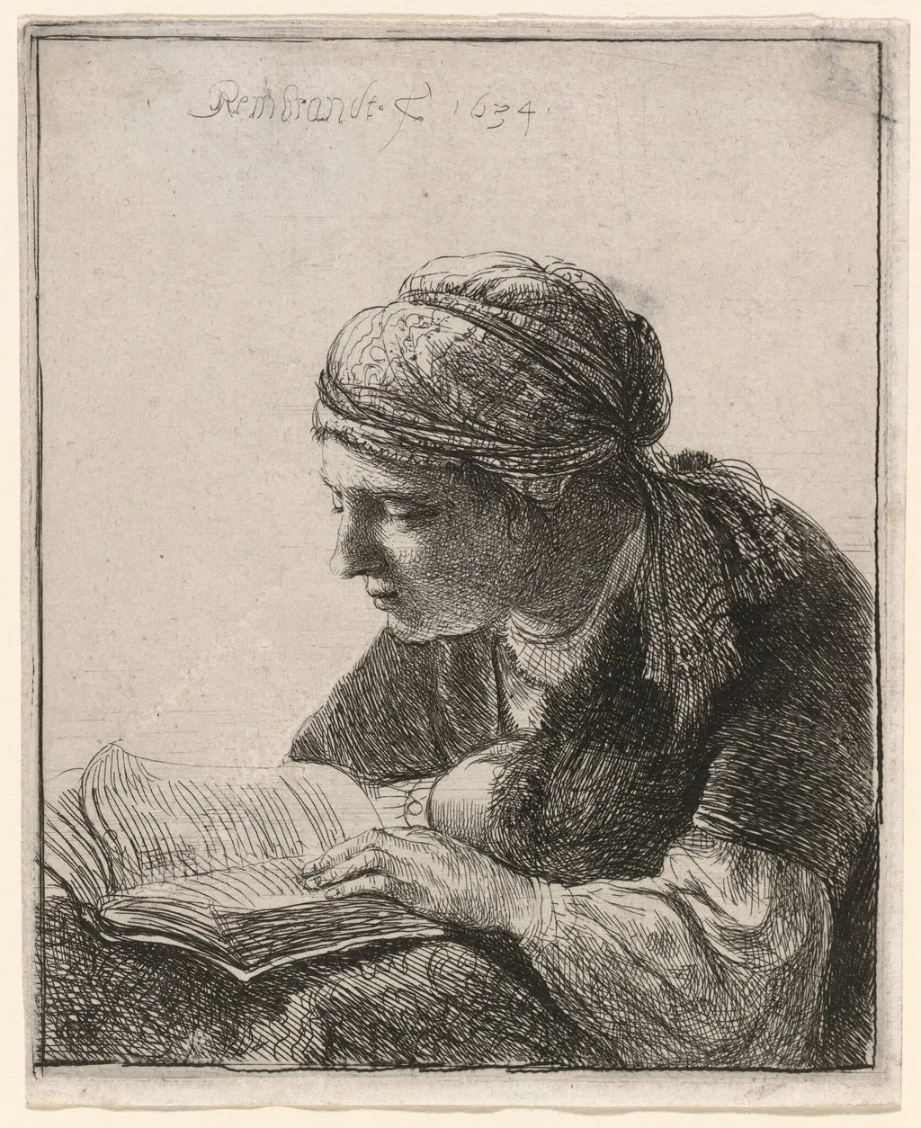 Woman Reading, by Rembrandt, ink, 1634