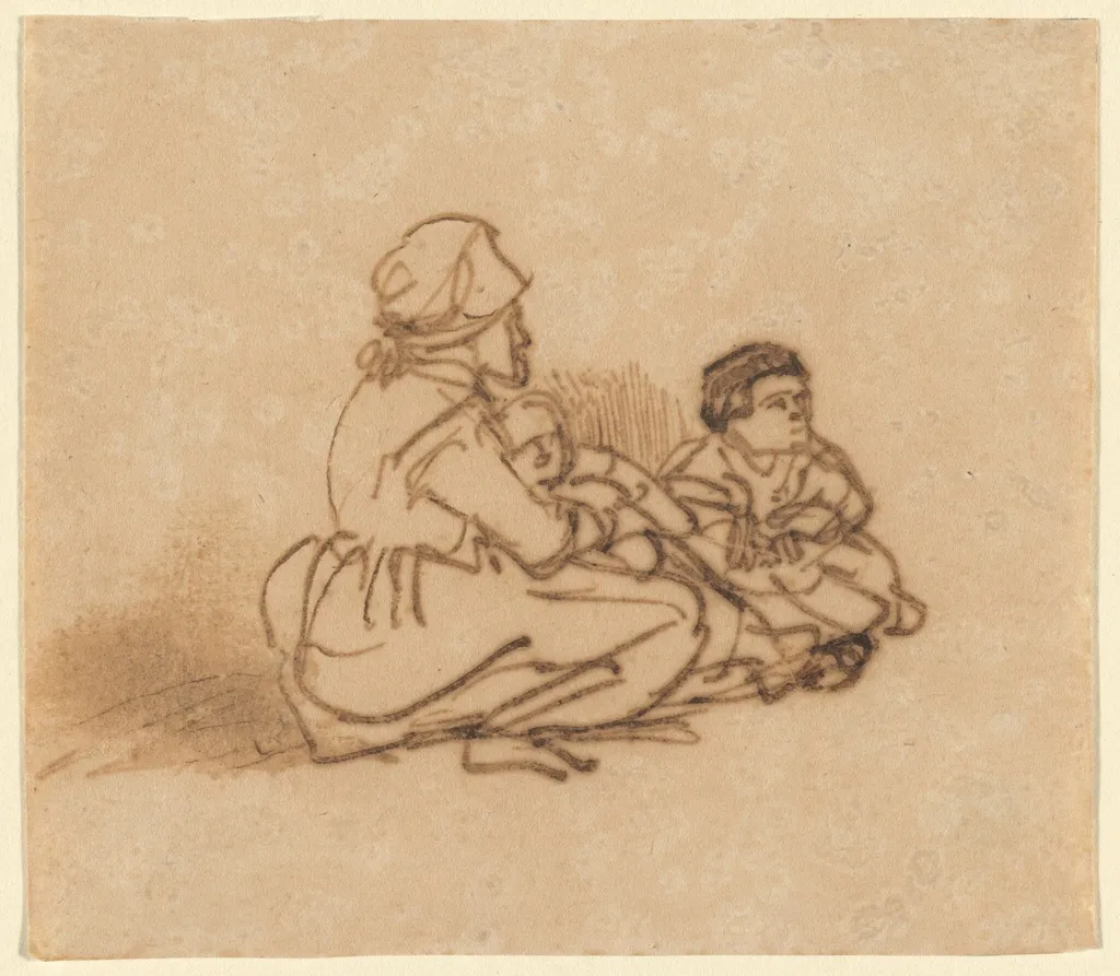 Woman Seated on the Ground with Two Children, by Rembrandt, ink, 1638