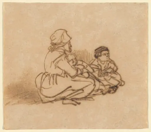 Woman Seated on the Ground with Two Children, by Rembrandt