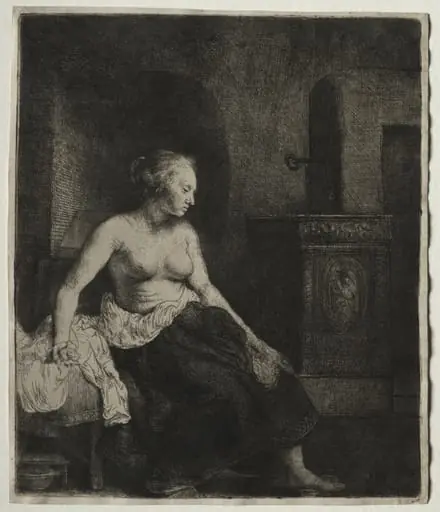 Woman Sitting Half Dressed Beside a Stove, by Rembrandt