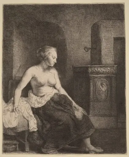 Woman Sitting Half Dressed beside a Stove, by Rembrandt