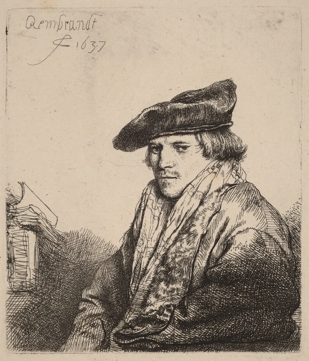 Young Man in a Velvet Cap (Petrus Sylvius?), by Rembrandt, ink, 1637