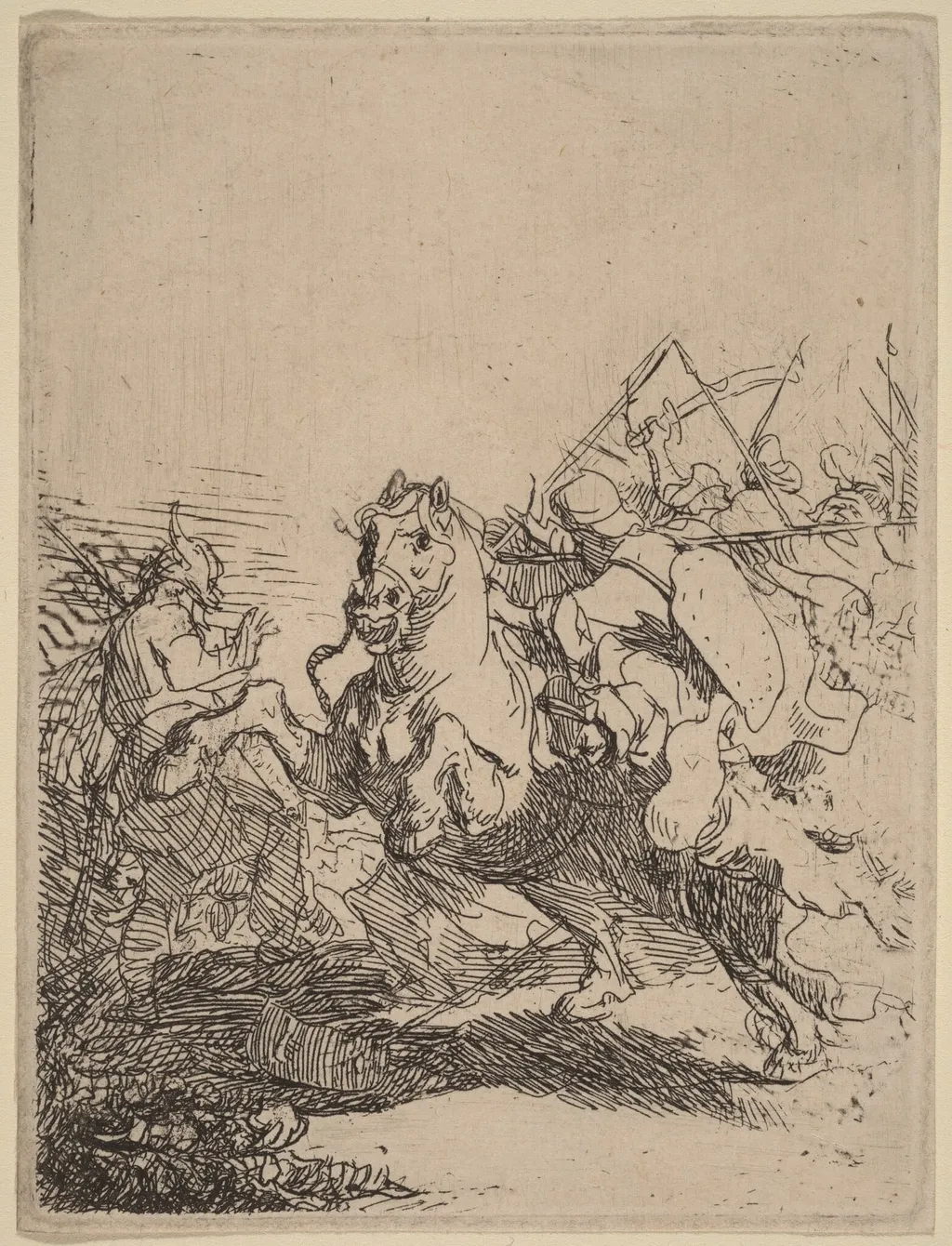 A Cavalry Fight, by Rembrandt van Rijn, ink, 1632