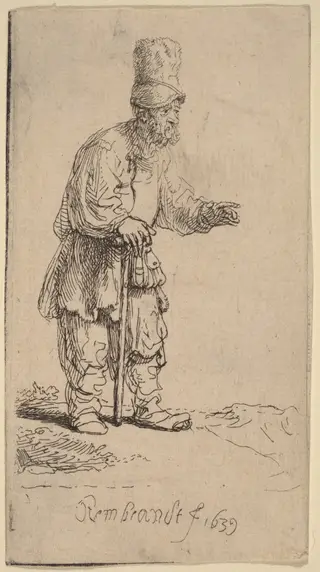 A Peasant in a High Cap, Standing Leaning on a Stick, by Rembrandt van Rijn