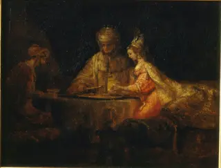 Ahasuerus and Haman at the Feast of Esther, by Rembrandt van Rijn