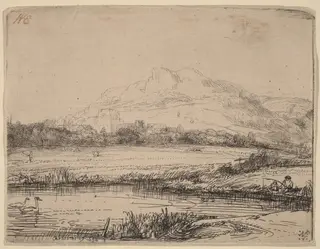 Canal with an Angler and Two Swans, by Rembrandt van Rijn