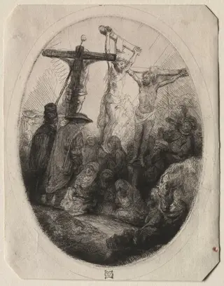 Christ Crucfied Between Two Thieves:  An Oval Plate, by Rembrandt van Rijn