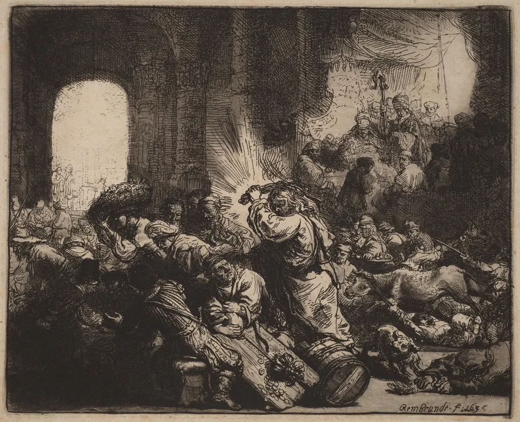 Christ Driving the Money Changers from the Temple, by Rembrandt van Rijn, ink, 1635