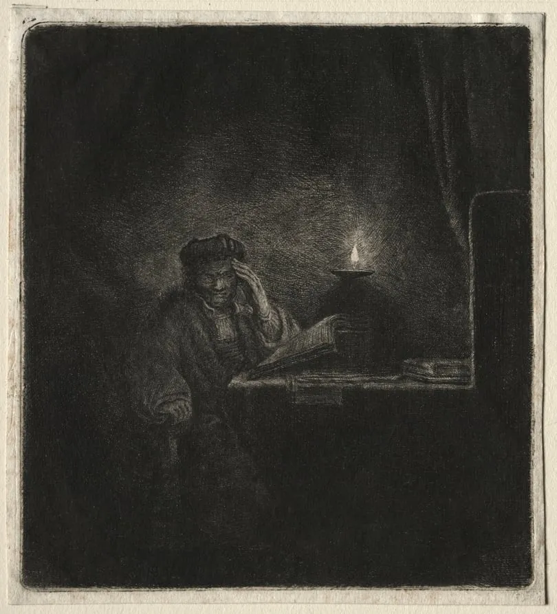 Copy of Student at a Table by Candelight, by Rembrandt van Rijn, 1654