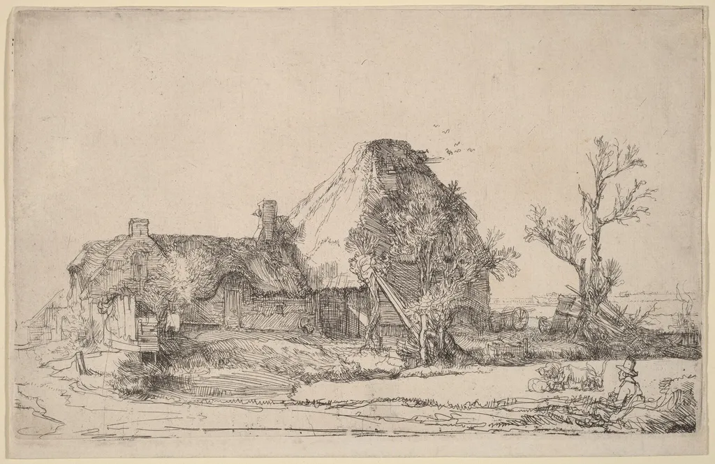 Cottages and Farm Buildings with a Man Sketching, by Rembrandt van Rijn, ink, 1645