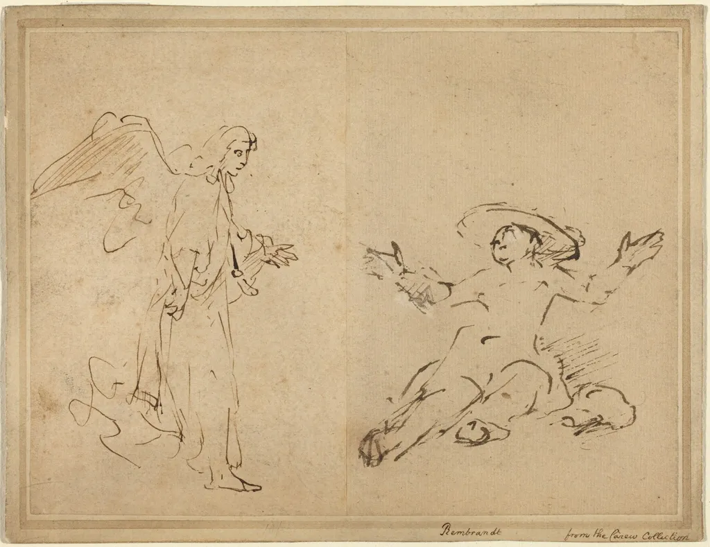 Hagar Seated at the Fountain, by Rembrandt van Rijn, ink, 1654