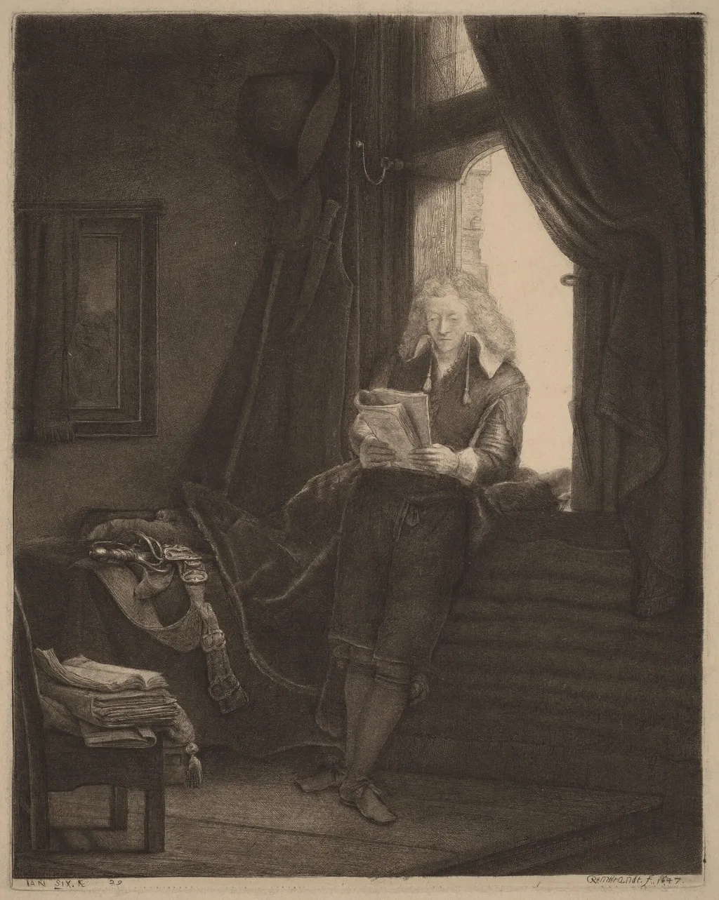 Jan Six, by Rembrandt van Rijn, ink, 1647