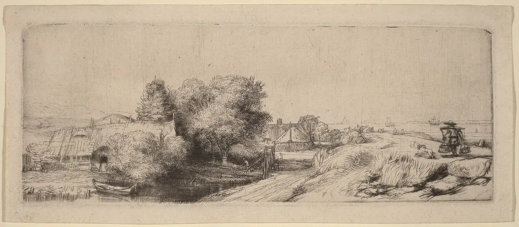 Landscape with a Milkman, by Rembrandt van Rijn, ink, 1650