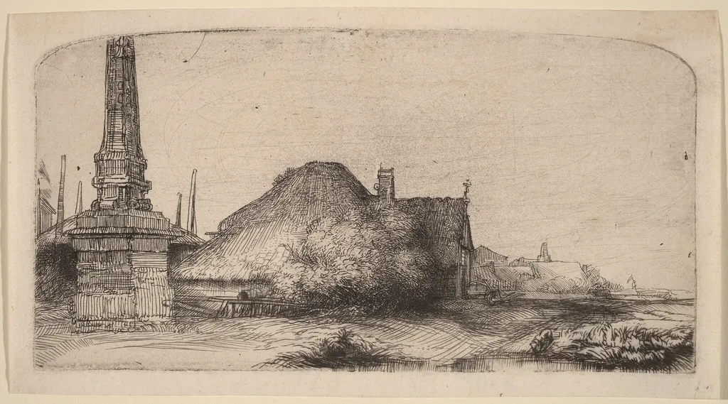Landscape with an Obelisk, by Rembrandt van Rijn, ink, 1650