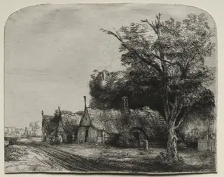 Landscape with Three Gabled Cottages beside a Road, by Rembrandt van Rijn