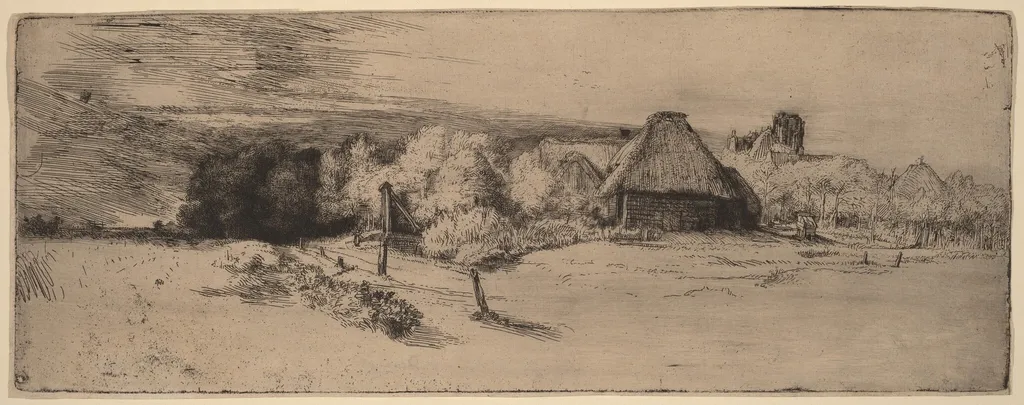 Landscape with Trees, Farm Buildings and a Tower, by Rembrandt van Rijn, ink, 1651
