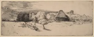 Landscape with Trees, Farm Buildings and a Tower, by Rembrandt van Rijn