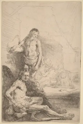 Nude Man Seated and Nude Man Standing,  with a Woman and Baby in the Background, by Rembrandt van Rijn