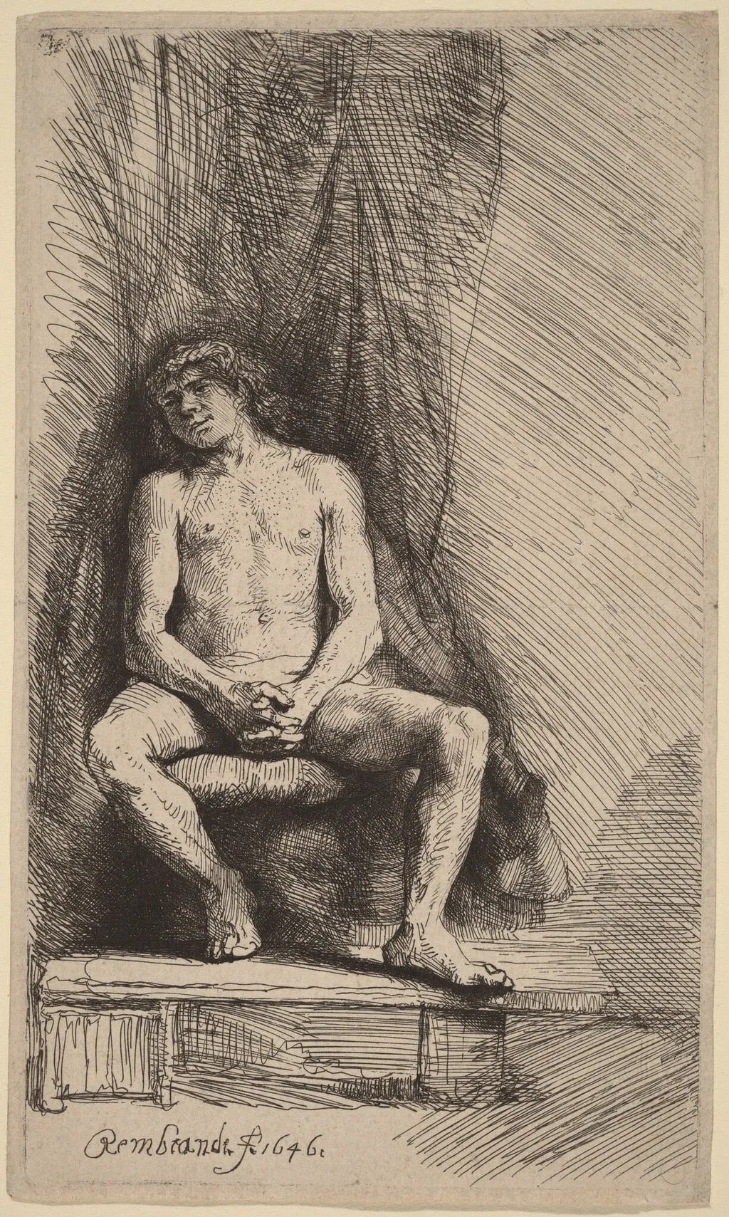 Nude Man Seated before a Curtain, by Rembrandt van Rijn, ink, 1646