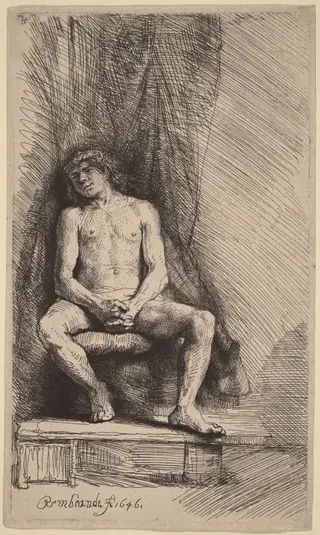 Nude Man Seated before a Curtain, by Rembrandt van Rijn