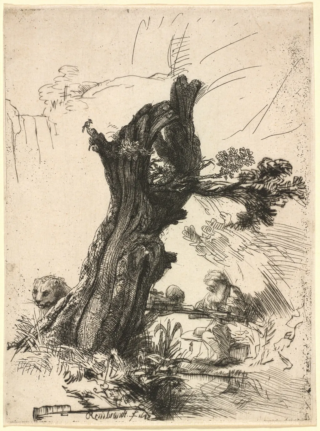 Saint Jerome beside a Pollard Willow, by Rembrandt van Rijn, ink, 1648